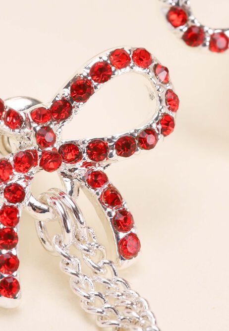 Womens Red Diamante Christmas Bow Earrings