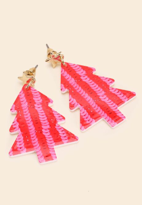 Womens Pink Stripe Christmas Tree Earrings