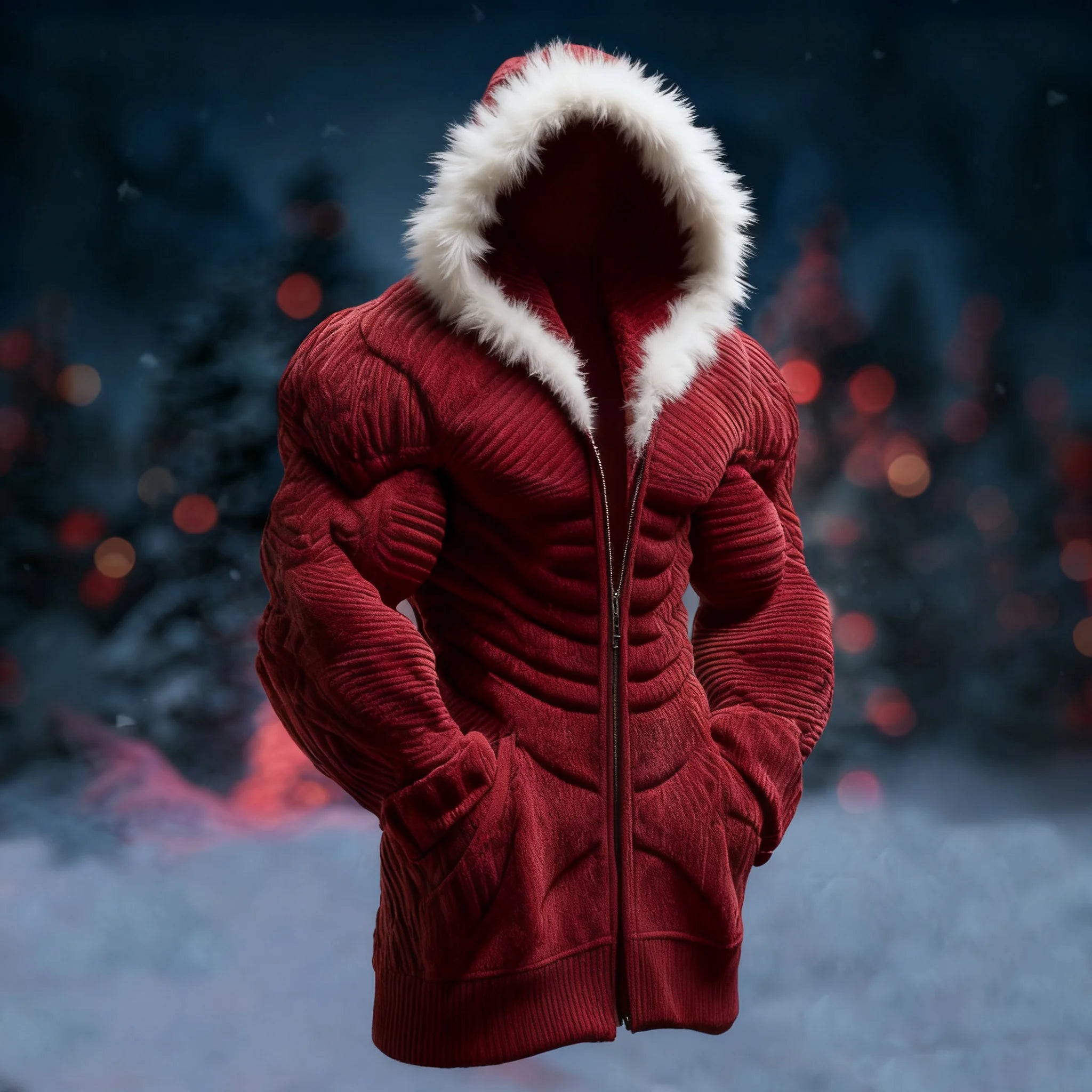 MEN’S VINTAGE LINE ART CHRISTMAS KNIT FUZZY ZIP-UP MID-LENGTH HOODED CARDIGAN