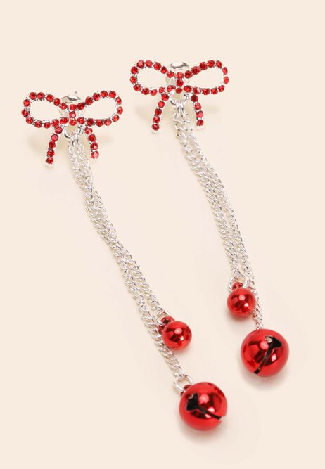 Womens Red Diamante Christmas Bow Earrings