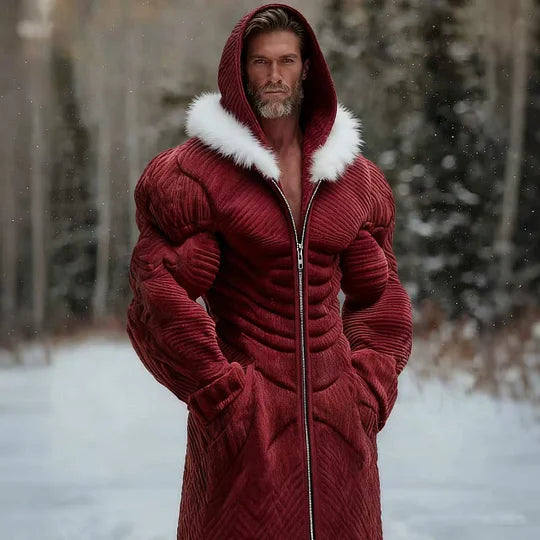 MEN’S VINTAGE LINE ART CHRISTMAS KNIT FUZZY ZIP-UP MID-LENGTH HOODED CARDIGAN