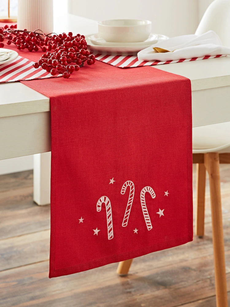 Catherine Lansfield Red Christmas Candy Cane 100% Cotton Table Runner