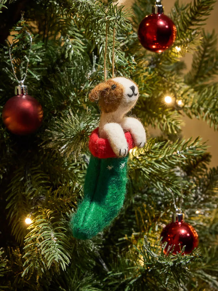 Green Felt Dog In Stocking Christmas Bauble