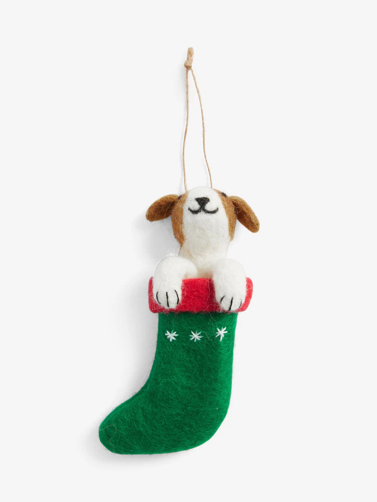 Green Felt Dog In Stocking Christmas Bauble