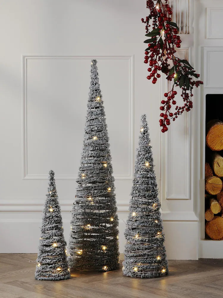 Laura Ashley Green Set of 3 Pre Lit Christmas Cone Decorations