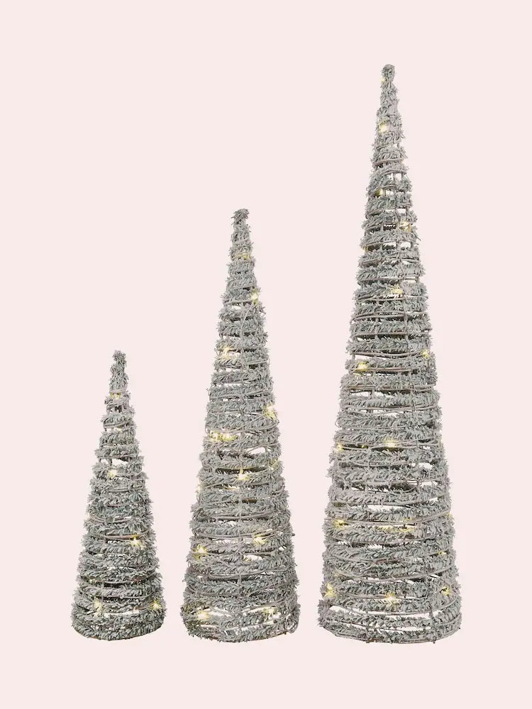 Laura Ashley Green Set of 3 Pre Lit Christmas Cone Decorations